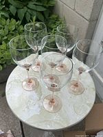 Photo showing set of 6 wine glasses with clear bowls and rose-pink stems and bases, arranged on a round surface outdoors with plant background.