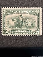 Front detailed view of the 1932 Canada 13 cent green Ottawa Conference stamp showing design and denomination.