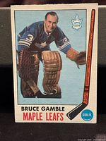 Front of the 1969-70 Bruce Gamble #44 OPC hockey card showing the player in goalie gear with Toronto Maple Leafs identification.