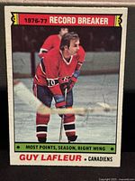 Front of 1976-77 O-Pee-Chee Record Breaker Guy Lafleur hockey card showing player image in Montreal Canadiens uniform labeled record breaker with stats.