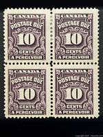Front view of the block of four Canada J20 10c postage due stamps, showing perforations and design details in purple ink.