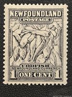 Front of Newfoundland 1932 1 cent unused stamp showing codfish design and denomination