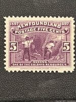 Front view of the 1897 Newfoundland 5 cent violet stamp showing miners and inscription details.