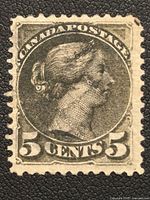 Front of the 1870 Canadian 5 Cent stamp featuring Queen Victoria profile with cancellation markings.