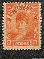 Front view of the 1897 Newfoundland 3 Cent postage stamp featuring Queen Alexandra in orange with complete perforations.