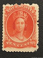 Front view of the vintage Nova Scotia 10 cent postage stamp featuring Queen Victoria in red-orange color with clear details and perforated edges.