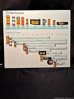 Photo showing overview of film formats including 116, 120, 220, 620, 126, 135, 828, APS, 110 with timeline bands below each format