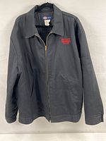 Front view of XXL black Dickies jacket showing the zippered front with "Sick Pig" red embroidery on chest.