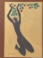 Close-up of framed art print showing the black silhouetted kneeling nude figure reaching up to apples on a branch, signed A.P. Semet.