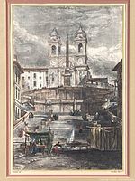 Close frontal image of the etching of Notre-Dame Cathedral, showing the cathedral towers, fountain, steps, and market stalls with small groups of people.