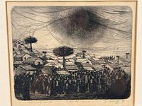 Full view of the framed etching showing the village scene with rooftops and crowd