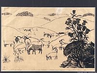 Lithograph image on tan paper showing goats grazing among hills and a cluster of thistles in the foreground.