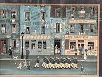 Close-up of lithograph artwork showing a Paris street scene with people and marching soldiers.