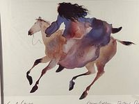 Close-up of print showing Native American woman on horseback in watercolor style, signed by artist.