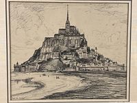 Close-up of the black and white print showing detailed sketch of Mont St. Michel with signature visible in the corner.