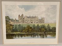 Close-up of vintage print showing Worsley Hall with water reflection and trees.