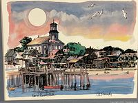 Print showing a scenic view of Provincetown with pier, buildings, moon, and seagulls in a watercolor style.