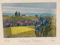 Close-up of the colored etching showing the Tuscan landscape scene with flowers and farmhouse, signed and numbered 24/150 by Giorgio Ferrari.