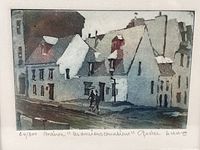 Close-up of the print showing the Quebec scene with buildings and a person, signed and numbered 64/300 by Alain Lacaze.