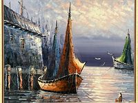 Close-up of fishing boats with vibrant sails in harbor scene and cloudy sky.