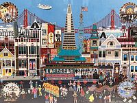 Close-up of central portion of the poster showing detailed colorful San Francisco cityscape including Golden Gate Bridge, Transamerica Pyramid, a streetcar labeled 'Castro Street 103,' numerous people in costumes and daily life.