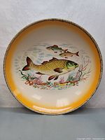 Full view of the circular ceramic serving platter showing the fish design with yellow border and underwater plants.