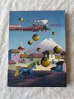 Surrealism oil painting showing a train, horse, floating golden spheres, houses, and a mountain with vibrant colors.