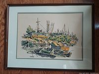 Full view of framed watercolour painting showcasing harbour scene with boats and fishing equipment.