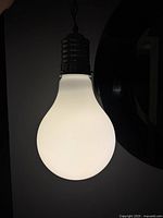 Front view of illuminated frosted glass bulb-shaped light fixture hanging from ceiling.