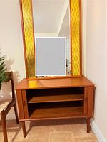 Full view of teak dresser base with attached mirror