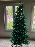 Front view of a 6.5 foot artificial Christmas tree lit with green LED lights, positioned in front of windows.