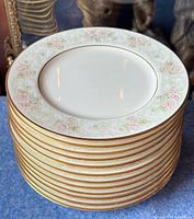 Stack of 12 Noritake Willowbrook bread and butter plates showing the floral and gold-trimmed border design.