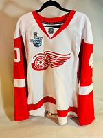 Front full view of the white Detroit Red Wings jersey with red details and the Stanley Cup 2008 patch visible on the upper chest.