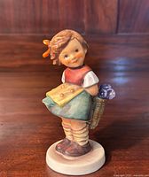 Front view of the figurine showing detailed facial features, clothing, and the book held in hands.