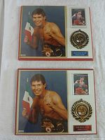 Two identical plaques displayed on a white surface, each featuring a large photo of Julio Cesar Chavez holding a Mexican flag, a smaller boxing action shot, and a raised boxing glove emblem.