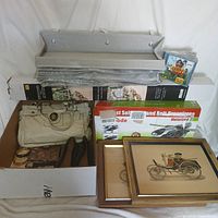 Box with Coach handbag, matching flats, Coach dust bag, bangles, watch, three framed vintage car prints, fabric basket, motorized belt organizer in box, and DVD game.