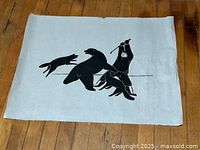 Black and white Inuit wood block print depicting a hunter with spear confronting a polar bear and three dogs on a white background.