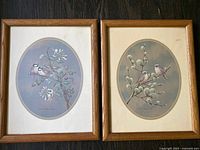 Two framed bird prints on a dark surface, both with oval artwork and wooden frames