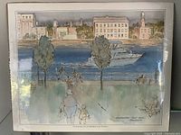 Full view of the framed watercolor and ink illustration showing waterfront buildings, a boat on the water, and people in the foreground.