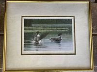 Front view of framed painting showing two loons on water, signed by artist Don Li-Léger.