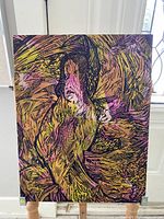 Front view of marker on acrylic painting on wood by Paul Pinola, showing vibrant abstract design with layered colors and lines.