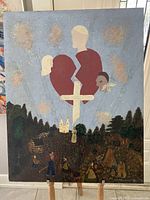 Full view of vintage painting with stylized figures, broken heart shape, flower, church, and forest scene.