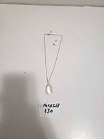 Full view of silver-tone teardrop pendant necklace on a white background with lot tag visible.