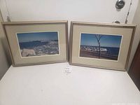 Two framed ocean pictures side by side on the floor showing ocean scenes, one with rocks and ships, one with a tree and beach.