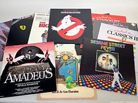 Photo showing the full collection of vintage vinyl records including Amadeus, The Big Chill, Ghostbusters, Sesame Street Fever, and more