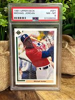 Front of the 1991 Upper Deck Michael Jordan SP1 Rookie Baseball Card in PSA graded slab NM-MT 8