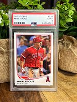 Front view of 2013 Topps Mike Trout baseball card graded PSA 9 mint in protective slab.