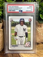 Front view of the 2020 Bowman Jasson Dominguez rookie card encased in PSA slab with Gem Mint 10 grade.
