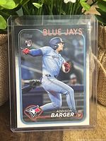 Front of the 2020 Topps Addison Barger rookie card showing player batting and team name Blue Jays.