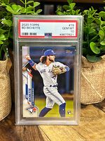 Front of the card in PSA slab showing Bo Bichette in Toronto Blue Jays uniform in fielding action with PSA 10 Gem Mint grade label.